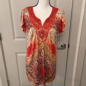 Roz & Ali bright orange beaded v-neck flowy blouse size L